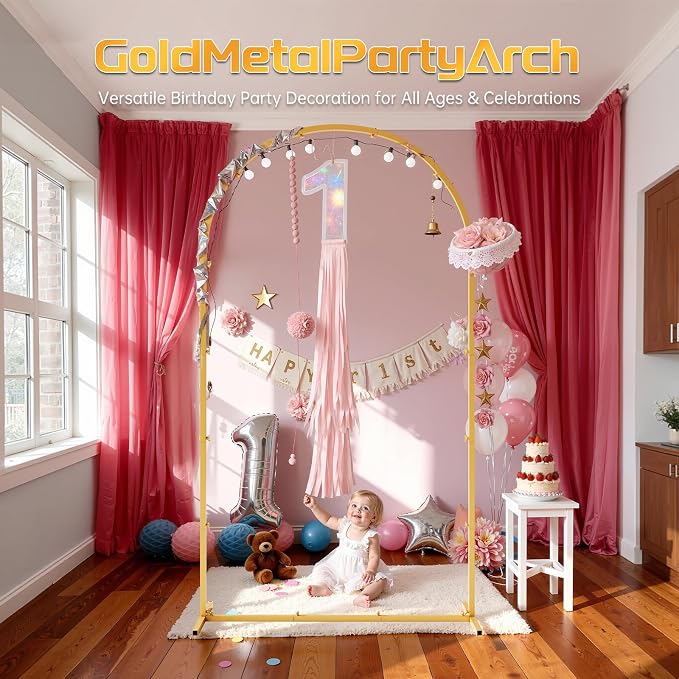 7.2FT Metal Arch Backdrop Stand and Cover Set, Gold Arch Stand with Cover, Easy to Assemble, Pretty Wedding Arch for Birthday Party, Wedding Ceremony and Baby Shower
