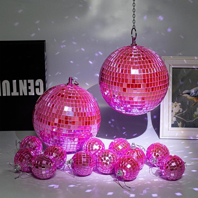Mirror Balls, MUZTOP 14 Pack Disco Ball Ornaments Hanging Disco Mirror Ball for DJ Stage Club Wedding Holiday Home Party Decor, 6 Inch, 2 Inch (Pink)