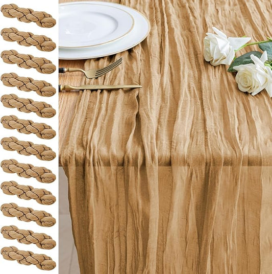 12PCS Table Runner Cheesecloth 10FT Khaki Boho Gauze Cheese Cloth Rustic Sheer Table Runners for Wedding Bridal Baby Shower Party Decoration