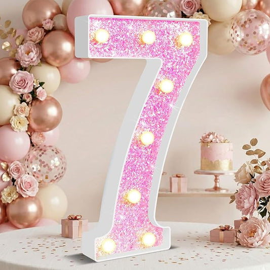 12.6 Inch LED Pink Marquee Light Up Numbers, Sweet 7th Birthday Decorations Number Lights as Gifts for Girls Women, Glitter Lighted Marquee Numbers for Pink Anniversary Party Table Decor, 7