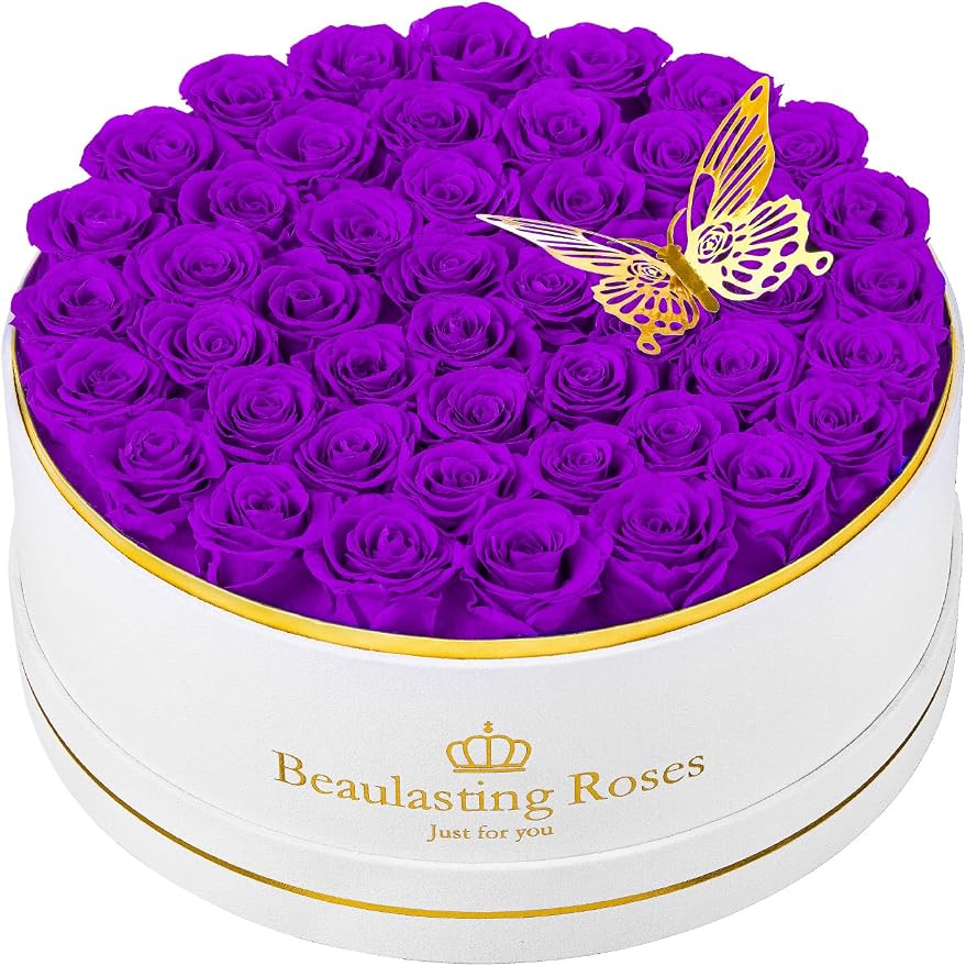 47 Preserved Roses Forever Flowers Real Roses in a Box Mother's Day Birthday Flowers for Her Mom Women Wife Valentine's Day, Purple Roses