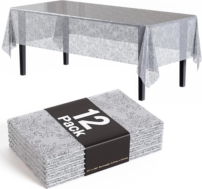 Exquisite Lace Table Cloth Rectangle Table Plastic 12-Pack Lace Tablecloth Rectangular 54" X 108" | Clear & Silver Floral Tablecloth Disposable | Wild Flower Party Decorations & Party Supplies