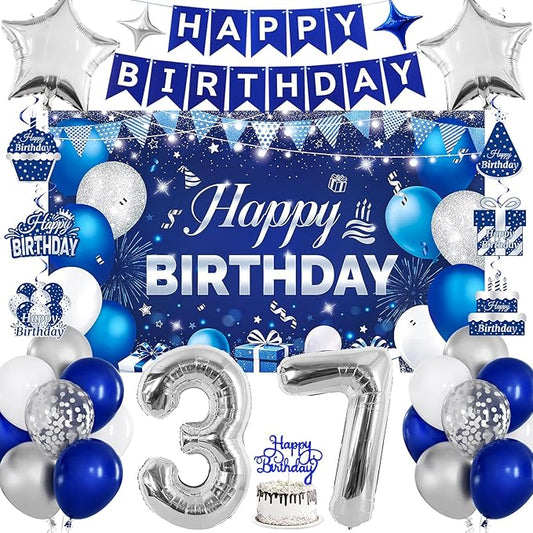 37th Birthday Decorations for Men & Women, Navy Blue and Silver Happy 37th Birthday Party Decorations with Number Balloons, Hanging Swirls, Cake Topper for 37 Years Old Party Supplies