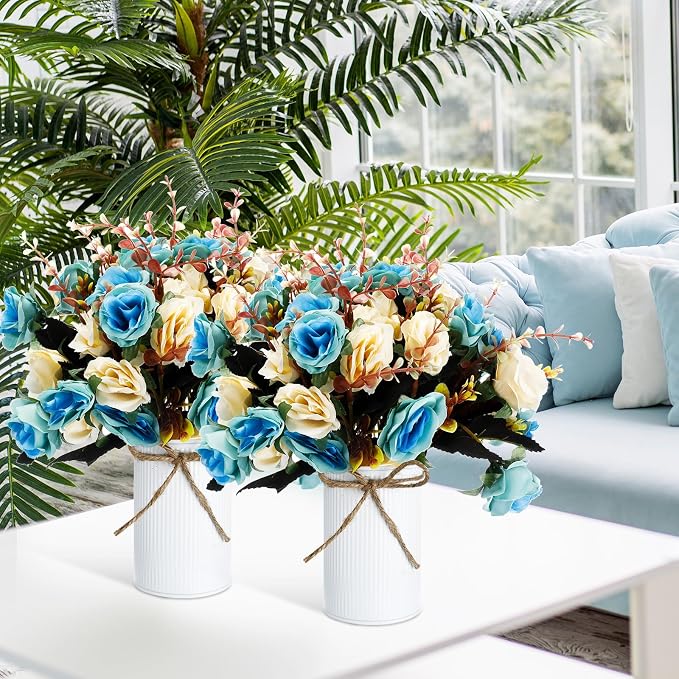Domensi 12 Sets Wedding Centerpiece for Table Artificial Rose with Vase Fake Bouquets and Metal Pot Flower Arrangements for Bridal Shower Birthday Party Event Table Decor (Teal)