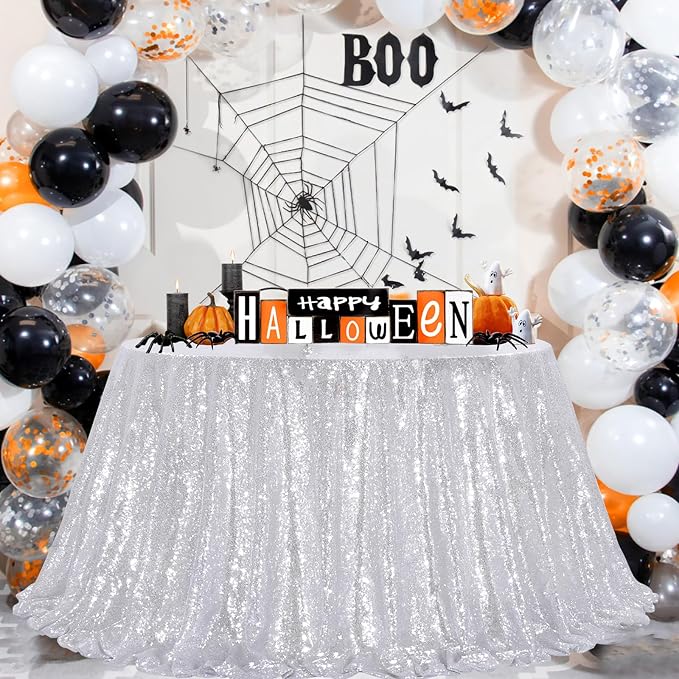 B-COOL Sequin Tablecloth Round Party Decorations: 132 Inch Silver Tablecloth Sequin Overlay Glitter Fabric for Indoor and Outdoor Gathering Christmas Parties