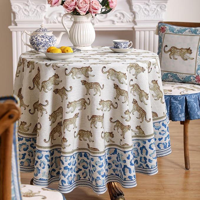 patdrea Vintage Leopard Print Linen Tablecloth,Round,Diameter 67"-from | Fench Elegant Table Cloth for Round Table,Animal Patterned,Dining Room Kitchen Tea Party Decoration,Durable