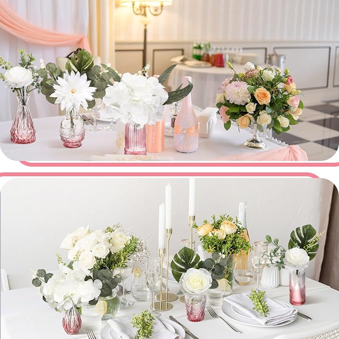 FoldTier 108 Pcs Artificial Flowers in Vase 96 Pcs Faux Greenery Stem Table Centerpiece Fake Plants Silk Roses Arrangement 12 Pcs Glass Vase Sets for Wedding Bathroom Home Dining Decor(White Pink)