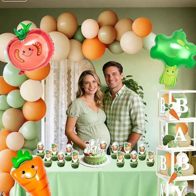 Locally Grown Baby Shower Decorations - Farmers Market Theme Party Supplies Include Balloon Garland Arch, Backdrop, 4 Boxes, 3 Vegetable Foil Balloons - Garden Fresh Veggie Decor Sage Green Neutral