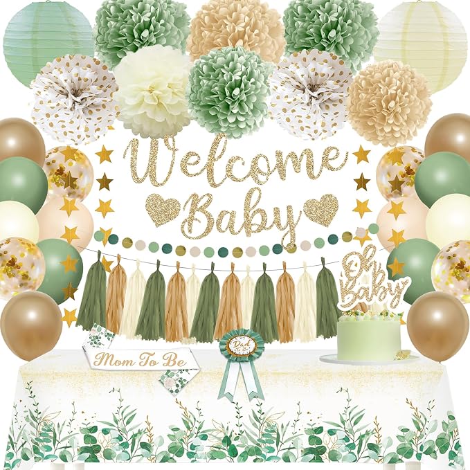 Sage Green Baby Shower Decorations Gender Neutral Baby Shower Decorations Welcome Baby Banner Sage Green Balloons Paper Lanterns Pom Poms Flowers Tablecloth Tassels Mom to Be Sash Dad to Be Pin