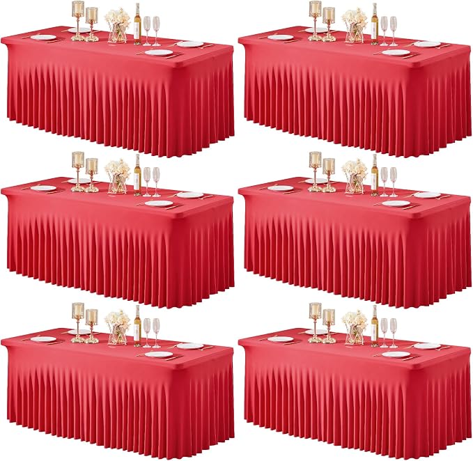 6 Packs Red Table Clothes for 8 Foot Rectangle Tables, Wrinkle Resistant Stretch Spandex Table Covers Fitted Tablecloth with Skirt for Valentines Event Banquet Wedding Birthday Party