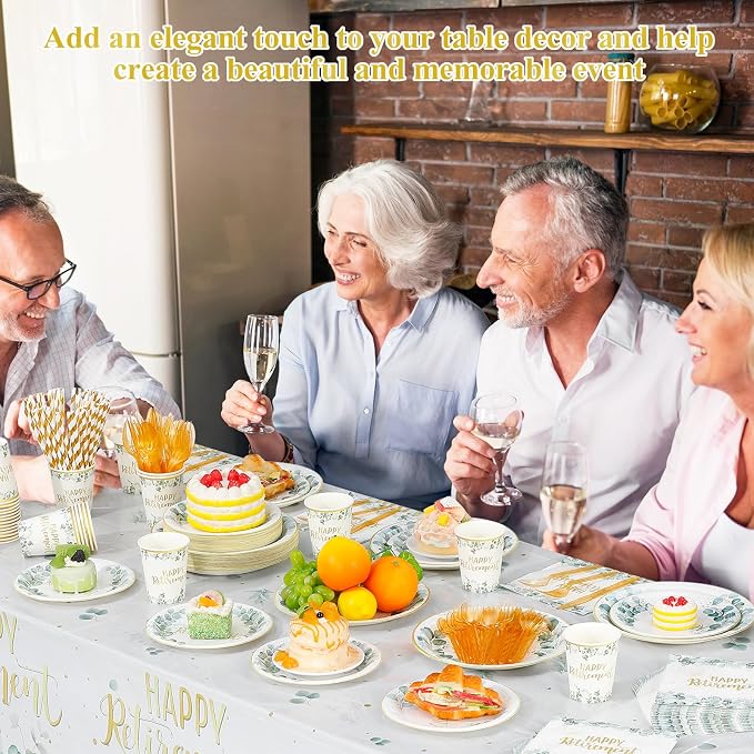 Potchen 452 Pcs Party Supplies Serve 50 Guests, Paper Plates Napkins Cups Cutlery Plastic Tablecloth Dinnerware for Birthday Wedding Party Decoration (Sage Green Gold, Retirement)