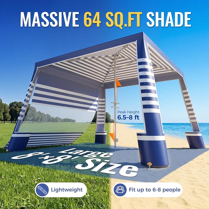 Beach Cabana, 8 x 8 ft Large Pop Up Beach Canopy Tent Sun Shelter for 6-8 Person Family, UPF 50+ UV Protection Beach Shade with Sidewall & Sandbags, Windproof Reinforced Poles for Beach Camping