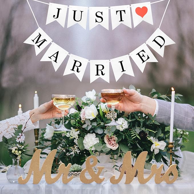 Mr & Mrs Wooden Letters, Just Married Banner, Head Table Wedding Decor - Anniversary, Valentine's Day, Vintage (Wood Color With Banner)