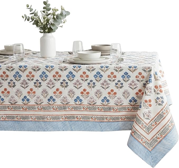 ATOSII Flora Bloom 100% Cotton Rectangle Summer Tablecloth, Block Print Floral Table Cloth for Dining Parties Wedding Outdoors I Grand Millennial Home Decor 60 X 90 Inches I 6 Seater I Memorial Day