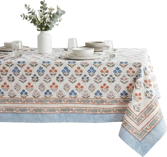 ATOSII Flora Bloom 100% Cotton Rectangle Summer Tablecloth, Block Print Floral Table Cloth Linen for Kitchen Dining I Parties Wedding Outdoors I Home Decor 60 X 108 Inches I 8 Seater I Memorial Day
