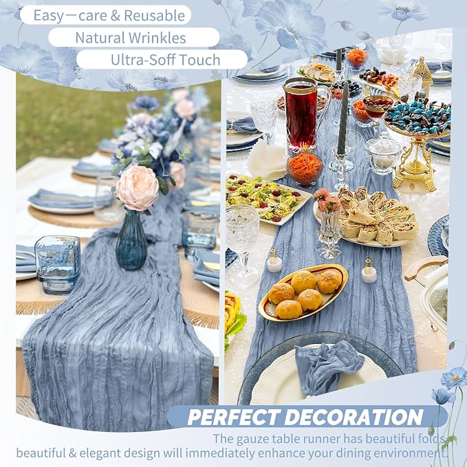 4 Pack Dusty Blue Cheesecloth Table Runner 17 x 108 inch Boho Gauze Table Runner Rustic Sheer Cheese Cloth Table Decorations for Wedding Party Baby Bridal Shower Birthday Holiday Home