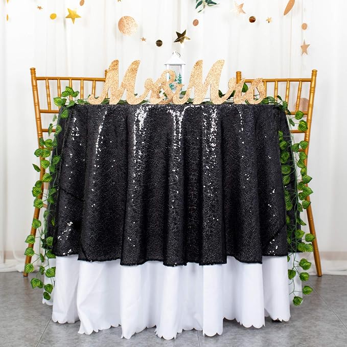 ShiDianYi Sequin Tablecloth Round 72-Inch Black Table Cloths Glitter Sequence Tablecloth Overlay Black Round Table Cover for Wedding/Birthday Cake Table Decor
