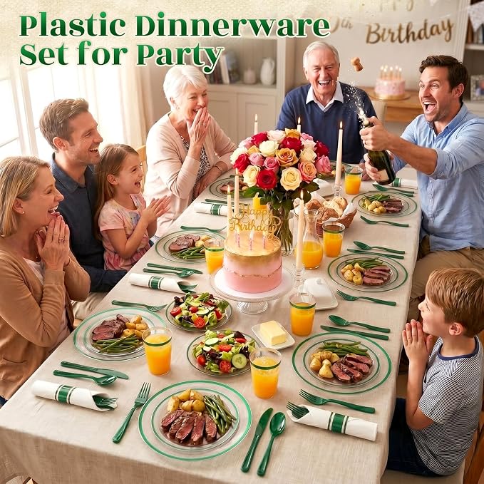 175pcs Plastic Plates for Party Clear & Green | Disposable Plastic Dinnerware Set for 25 Guests Include 50 Plastic Plates,25 Cups & 25 Pre Rolled Napkins with Cutlery Set