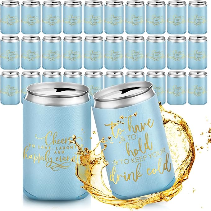 Qinyoung 50 Pieces Light Blue Wedding Can Cooler Sleeves Bulk Engagement Party Favors for Guests Cheers to Love Laughter and Happily Ever After Rehearsal Dinner Decorations for Wedding Bridal