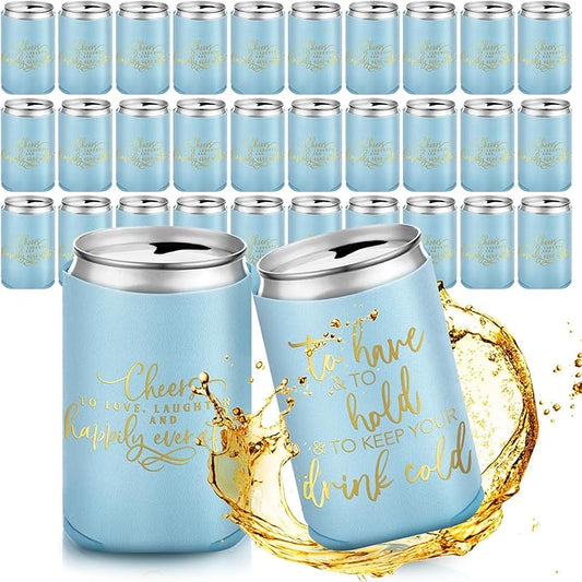 Qinyoung 50 Pieces Light Blue Wedding Can Cooler Sleeves Bulk Engagement Party Favors for Guests Cheers to Love Laughter and Happily Ever After Rehearsal Dinner Decorations for Wedding Bridal