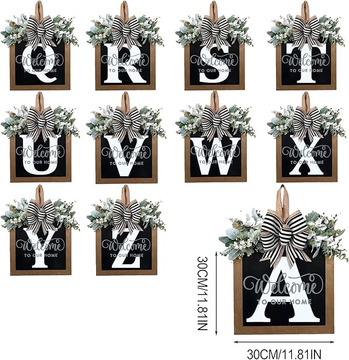 Last Name Year Round Front Door Wreath Front Porch Decoration 26 Letter Welcome Sign with Eucalyptus Garland and Bow Spring Wreaths for Front Door Outside Hanger Garland（L）