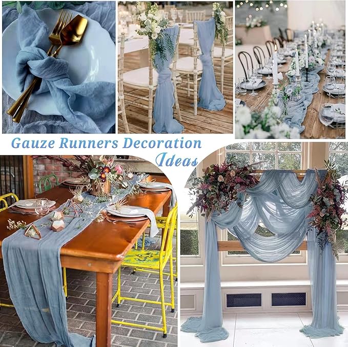 16 Pack Dusty Blue Cheesecloth Table Runner 10Ft Boho Gauze Table Runners 35x120 Inch Blue Cheese Cloth Table Runners Long Sheer Table Runners for Wedding Bridal Shower Birthday Party Table Decor