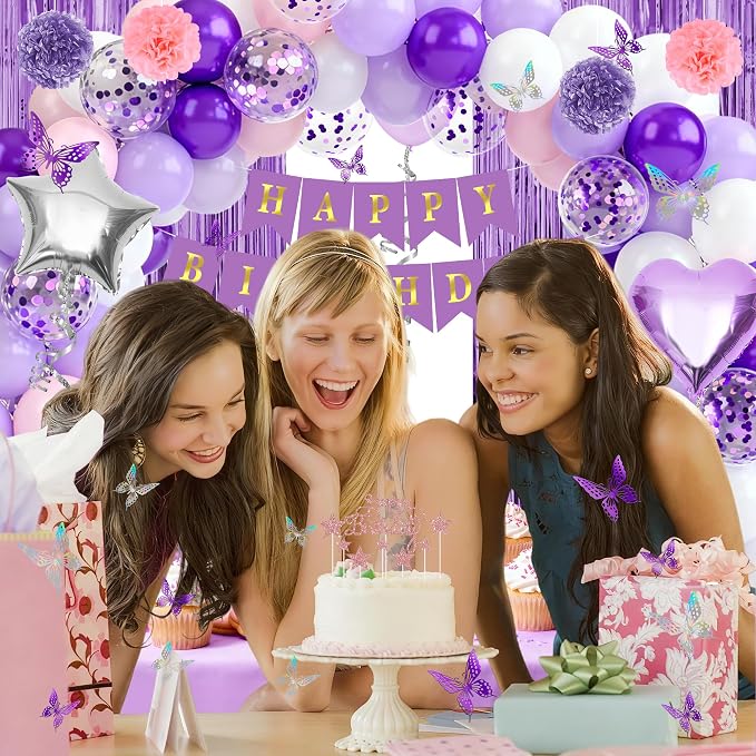 Purple birthday party decorations balloons kit for Women Girls, Balloons,Silver Foil Balloons,Fringe Curtains Happy Birthday Banner Paper Pompoms 3D Butterfly Cake Topper Party Supplies