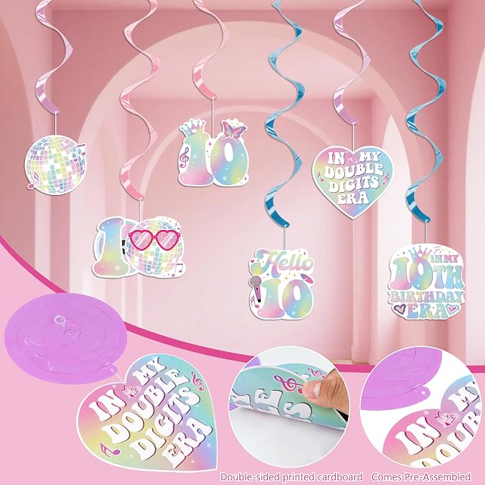 10th Birthday Decorations for Girls, Double Digits Birthday Girl Party Decor, Party Supplies with Pink Purple Balloon Arch Friendship Bracelet Banner Backdrop Hanging Swirls