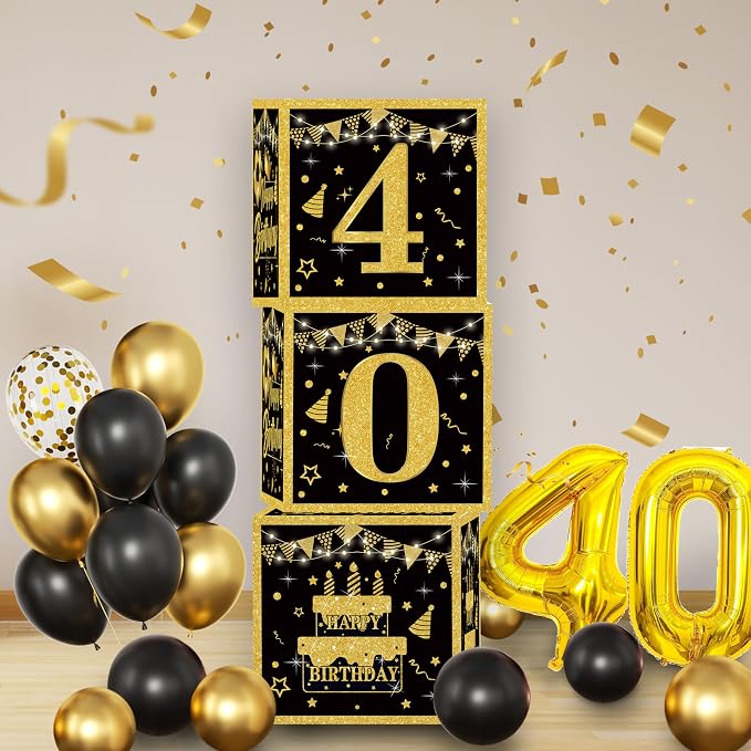 Gold 40th birthday decorations for men,3pcs birthday Decorations for Men boys black and gold Balloon Boxes Birthday Party Favors