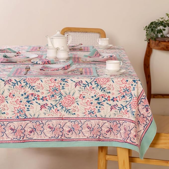 Hand Block Printed Tablecloth – Colorful Floral Print | 100% Cotton | Indian Artisan Handmade Art | Dining Room, Kitchen, Outdoor Décor, (Salmon Pink, 60 x 60 Inches Square)