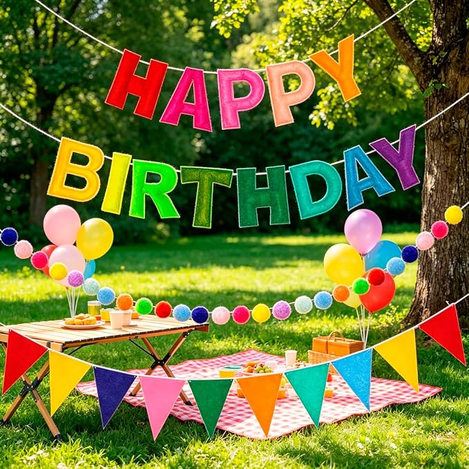 Pre-Strung 3D Rainbow Happy Birthday Banner, 3 PCS Happy Birthday Felt Sign, Pom Pom Garland, Triangle Fabric Bunting, Colorful Reusable Birthday Decorations for Women Men Girls Boys