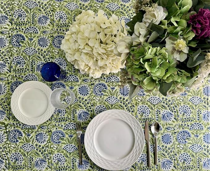 ATOSII Amara 100% Cotton Fall Tablecloth, Handblock Floral Print Rectangle Linen for Kitchen Dining I Parties Wedding Christmas Outdoors Easter I Spring Summer 72 X 140 Inches I 12 Seater