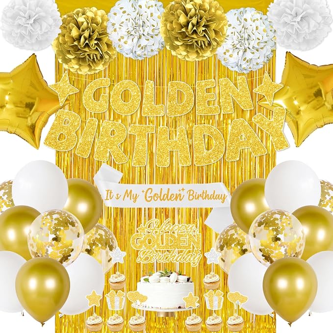 Golden Birthday Party Decorations, 40PCS Gold Decorations Include It's My Golden Birthday Sash Banner Balloons Foil Fringe Curtain Paper Pompoms, Gold Party Supplies for Women Girls Men