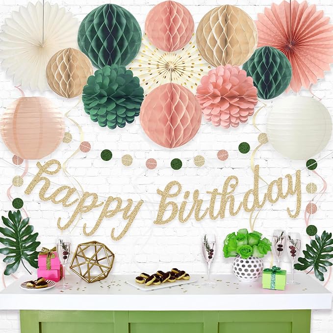 Pink Sage Green Happy Birthday Decorations, Pre-Strung Happy Birthday Banner with Honeycomb Balls, Paper Flowers, Lanterns, Hanging Swirls, Circle Dots Garland for Birthday Party Decorations 24pcs
