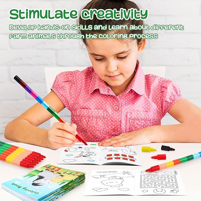 BenLouis 24 Farm Animals Mini Coloring Books Kids with 24 Stacking Crayons Barn Party Favors Activity Books Bulk for Kids Farm Cow Horse Birthday Goodie Bag Gift Stuffer Classroom Reward