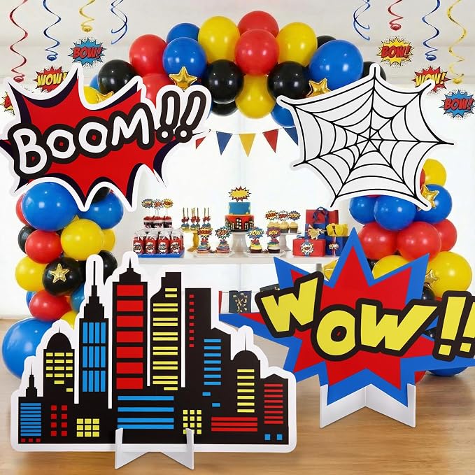 Honoson 4 Pcs Large 24" x 32" Spider Birthday Party Decorations Cardboard Cutouts, Comic Action Sign Skyscraper City Buildings Spider Web Backdrop Party Supplies for Baby Shower Classroom Photo Props
