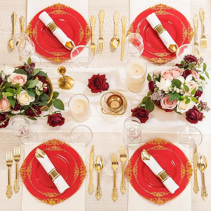 Nervure 100PCS Red and Gold Plastic Plates - 10.25inch Red Disposable Plates - Heavyweight Dinner Plate for Wedding & Party & Mothers Day