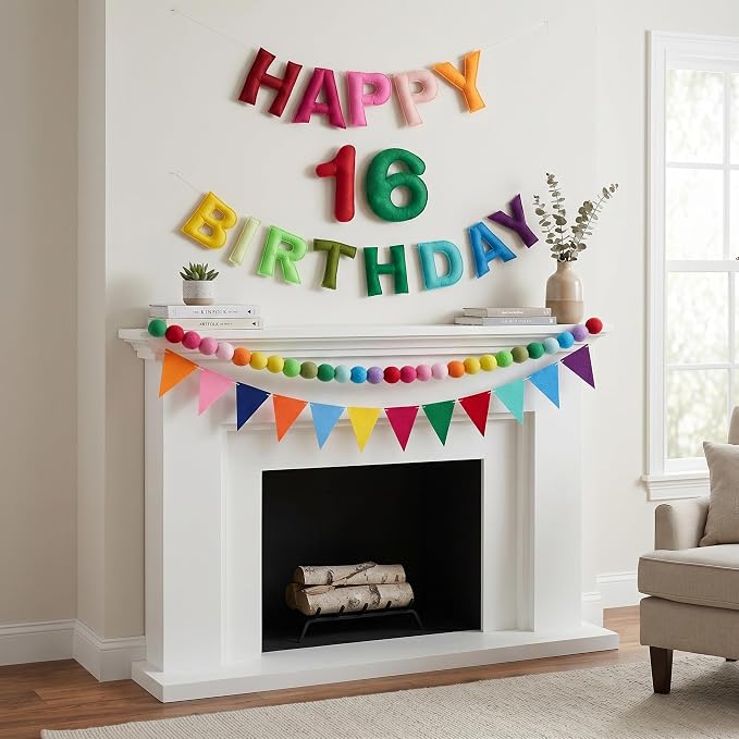 Pre-strung Felt Happy Birthday Banner Decorations for Women Men | 3D Rainbow Birthday Party Decorations Sign with Replaceable Numbers 0-9,Multicolor Felt Ball&Triangle Flags Garland (Rainbow)