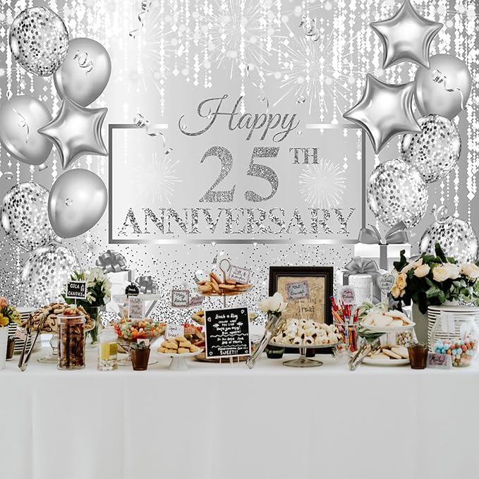 12x10ft Happy 25th Anniversary Backdrops for Photoshoot Silver Wedding 25th Anniversary Decorations 25th Wedding Anniversary Backdrops Photography for Anniversary Party Banner Adults Props