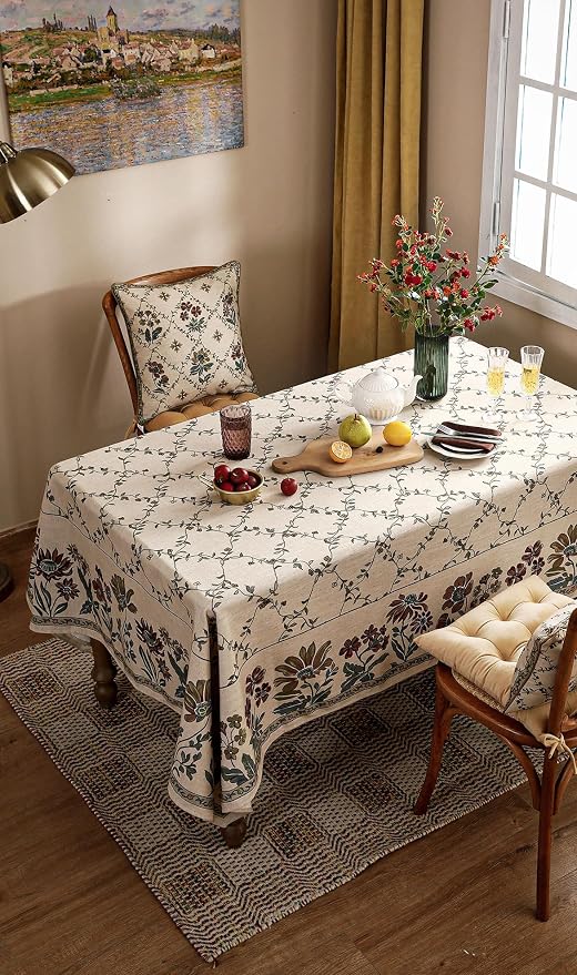 patdrea Vintage French Linen Tablecloth,Rectangular,102"x63"-Oliveirad | Heavyweight Elegant Large Table Cloth for Rectangle Table,Dark Floral & Vine Printfor Dining Room Tea Party Thanksgiving