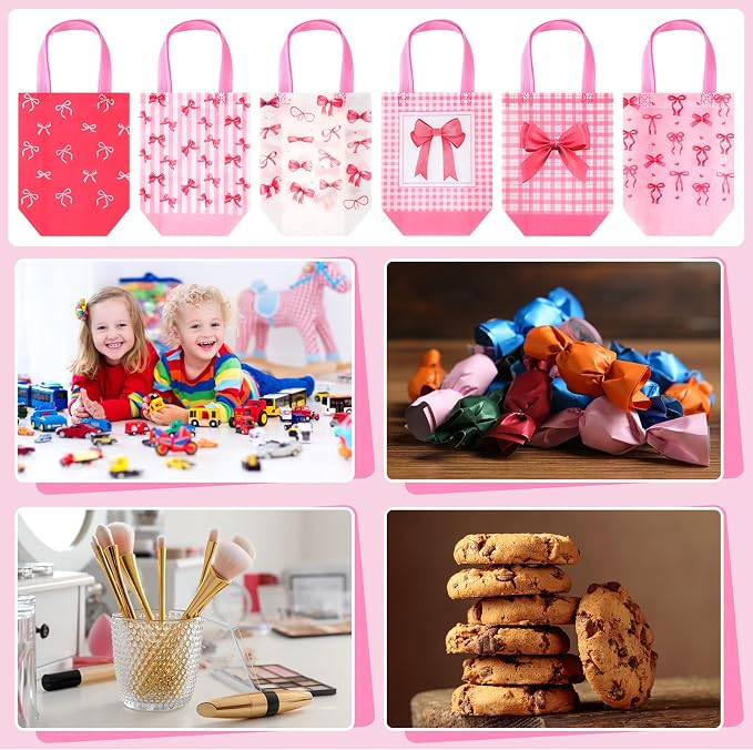 Sweetude 40 Pcs Pink Bow Gift Party Favor Bags with Handle, Non Woven Goodie Bags Birthday Favor for Birthday Baby Shower Packaging Supplies