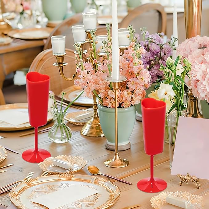 Valentines Day Heart Shaped Wine Glass 6 OZ Elegant Plastic Reusable Wedding Champagne Flutes Galentines Party Acrylic Wine Colored Cups Mimosa Cocktail Toasting Goblets for Birthday Bridal (Red,48）