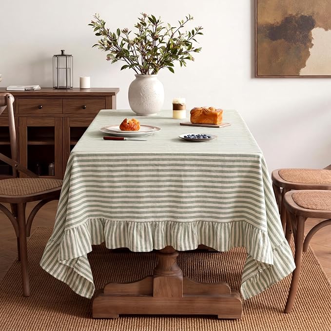 Boao Cotton 52 x 70 Inch Farmhouse Ruffle Tablecloth Sage Green White Striped Flounces Trim Table Cover for Rectangle Table Kitchen Party Wedding Decor