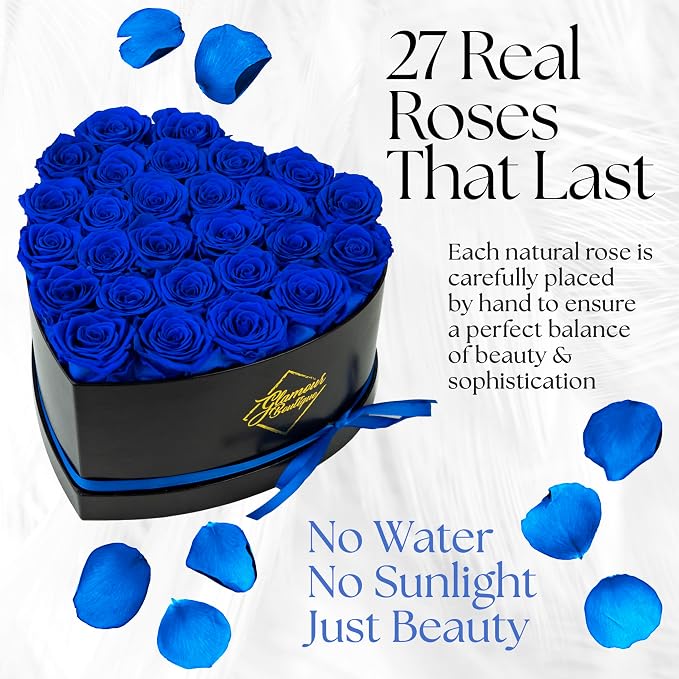GLAMOUR BOUTIQUE 27 Flower Forever Heart Shape Box, Mothers Day Gift For Mom, Eternal Preserved Roses Gift for Her, Flowers bouquet, For Birthday, Anniversary, Girlfriend - Blue (Color-Treated)