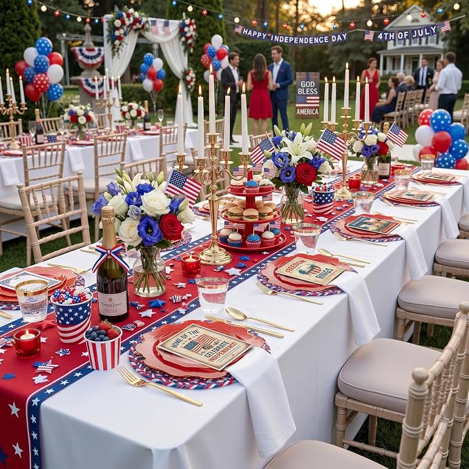 WDF 175Pcs Red Plates - Red Plastic Plates with Gold Rim - Fancy Disposable Dinnerware Sets Ideal for Party/Wedding/Spring/4th of July/Memorial Day