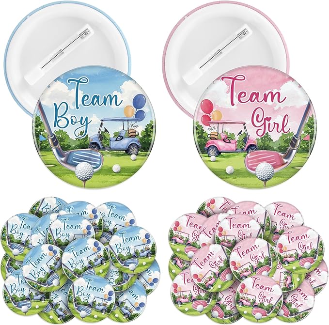 Landical 60 Pcs Golf Gender Reveal Pins, Funny Baby Shower Team Gender Reveal Decorations for Party Supplies Blue and Pink Team Button Pins Games Decorations
