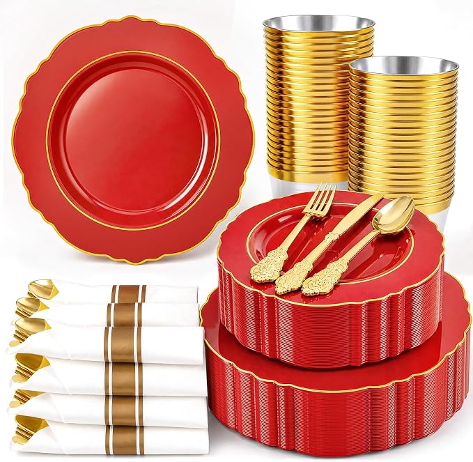 Liacere 350PCS Red Plastic Plates - Red Disposable Plates With Gold Rim - 50Guest Baroque Plastic Dinnerware include 100Plates-50Pack Pre Rolled Napkins with Silverware 50Cups for Independence Day