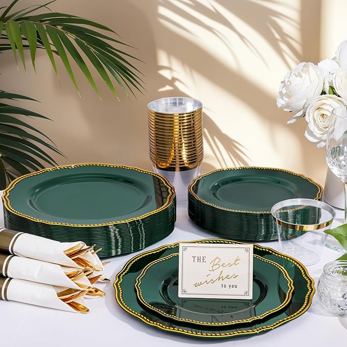 Hioasis 175pcs Green Gold Plastic Plates - Gold Plastic Dinnerware Set Includes 25 Dinner Plates, 25 Dessert Plates, 25 Gold Utensils, 25 Napkins Perfect for Wedding