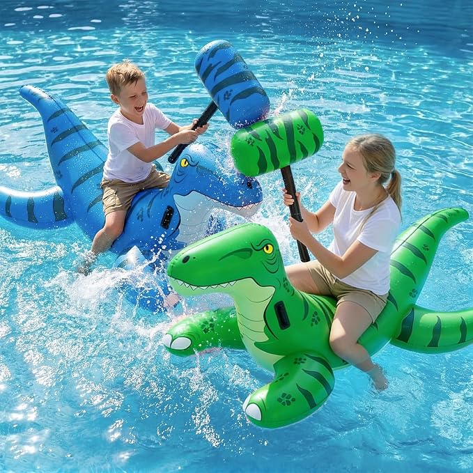 Jasonwell Pool Games Toys Floats -2Pack Inflatable Dinosaur Pool Floats with Blow Up Toy Hammers Ride on Pool Floaties for Kids Teens Adults Lounge Raft Summer Lake Beach Party Decorations