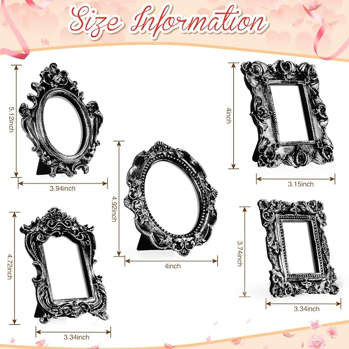 Maitys 15 Pcs Mini Picture Vintage Frames with Stands Tiny Antique Photo Baroque Ornate Resin Oval Frame Table Top Display Home Wedding Decor (Black Silver)